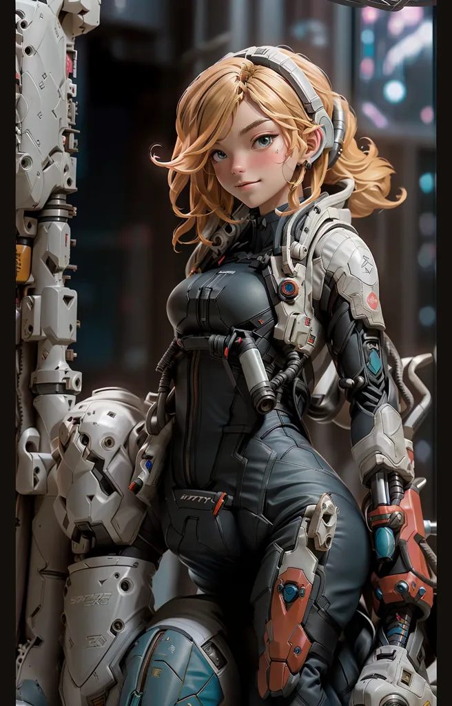 The image is of a young woman standing in front of a large robot. The woman is wearing a black and gray bodysuit and a white helmet. She has blonde hair and blue eyes. The robot is gray and white and has a large claw-like hand. The woman is smiling and looking at the robot. The background is a blur of city lights.