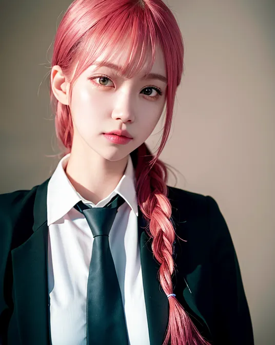 The image shows a young woman with pink hair and green eyes. She is wearing a white shirt, a black suit jacket, and a dark green tie. Her hair is long and braided, and she has a pink scrunchie at the end of her braid. She is looking at the camera with a serious expression.