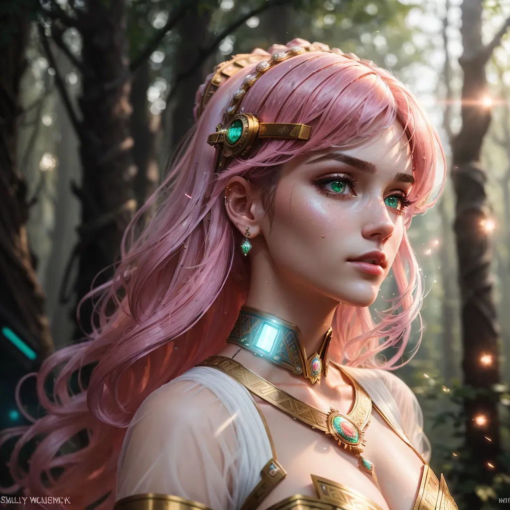 The image is a portrait of a beautiful woman with long pink hair. She is wearing a golden headpiece and a golden necklace with green gems. Her eyes are green and her skin is fair. She is standing in a forest and looking to the right. The background is blurry and consists of trees and leaves.