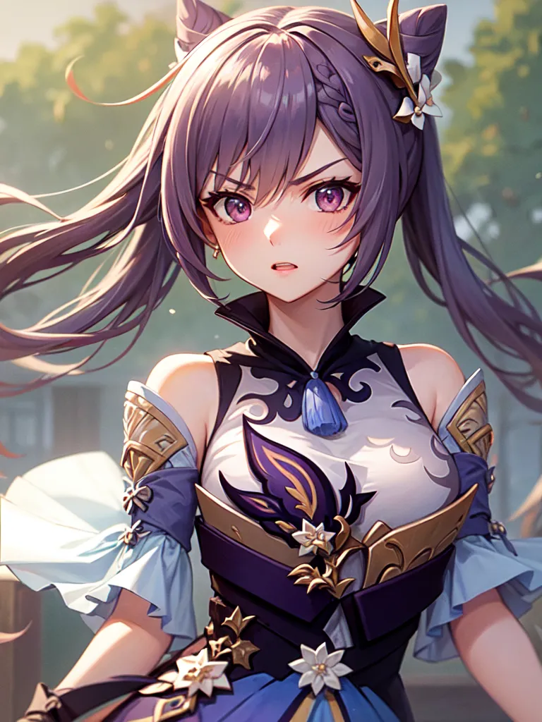 The image is a portrait of a young woman with purple hair and cat ears. She is wearing a purple and white dress with a blue sash. She has a serious expression on her face and is looking at the viewer with her purple eyes. There are white flowers in her hair and around her neck. The background is blurred and is a light green color.