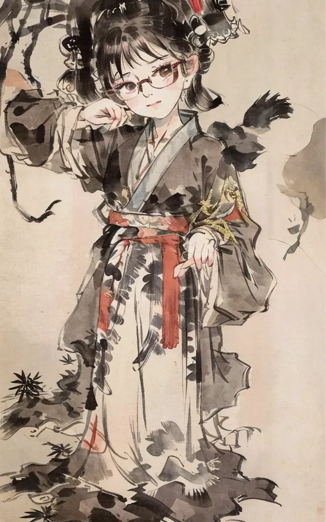 A imagem é uma pintura chinesa de uma jovem mulher vestida com um traje tradicional chinês. Ela está usando um quimono preto e branco com uma faixa vermelha e tem longos cabelos pretos. Ela também está usando óculos. A mulher está em pé em uma floresta de bambu e segura um livro. A pintura é feita em um estilo realista e a expressão da mulher é serena e pensativa.