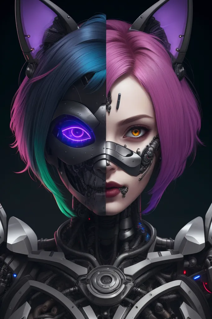 The image is a portrait of a young woman with pink and blue hair. She has cat ears and a cybernetic eye. Half of her face is covered in metal. She is wearing a black and grey outfit. The background is dark with a spotlight on her.