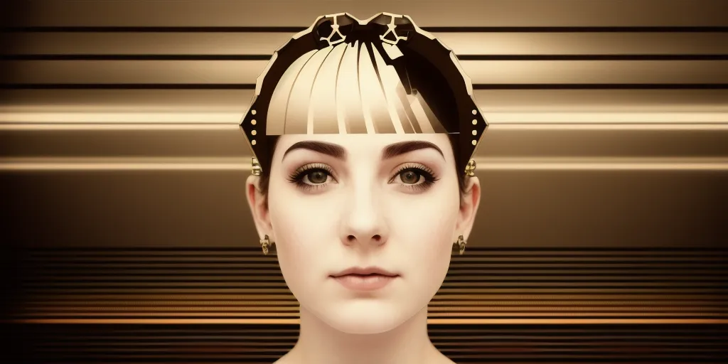 The picture shows a young woman with short blonde hair and brown eyes. She is wearing a strange golden headdress. The background is brown with vertical lines. The woman's expression is serious.