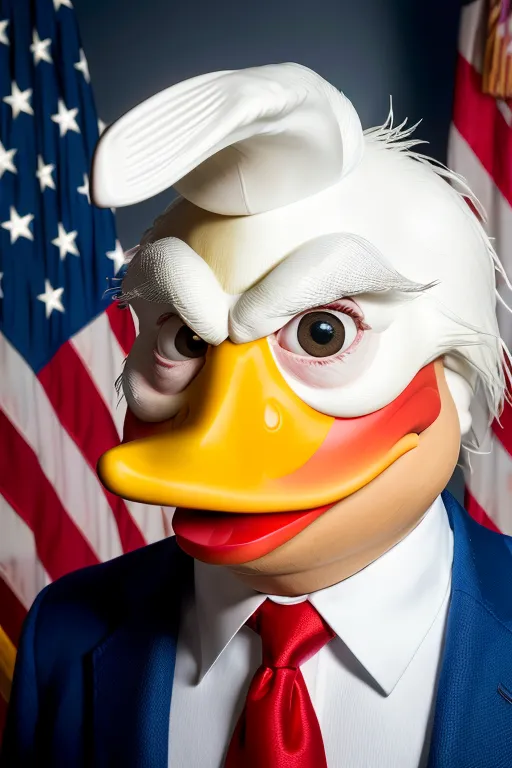 This image shows a person in a duck costume with a red tie and white hair standing in front of two American flags. The duck is looking at the camera with a serious expression.