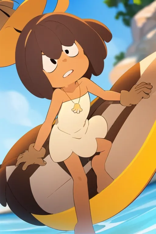 The image shows a young girl with brown hair and brown eyes. She is wearing a white dress with a seashell necklace. She is standing on a surfboard in the water. She looks worried.