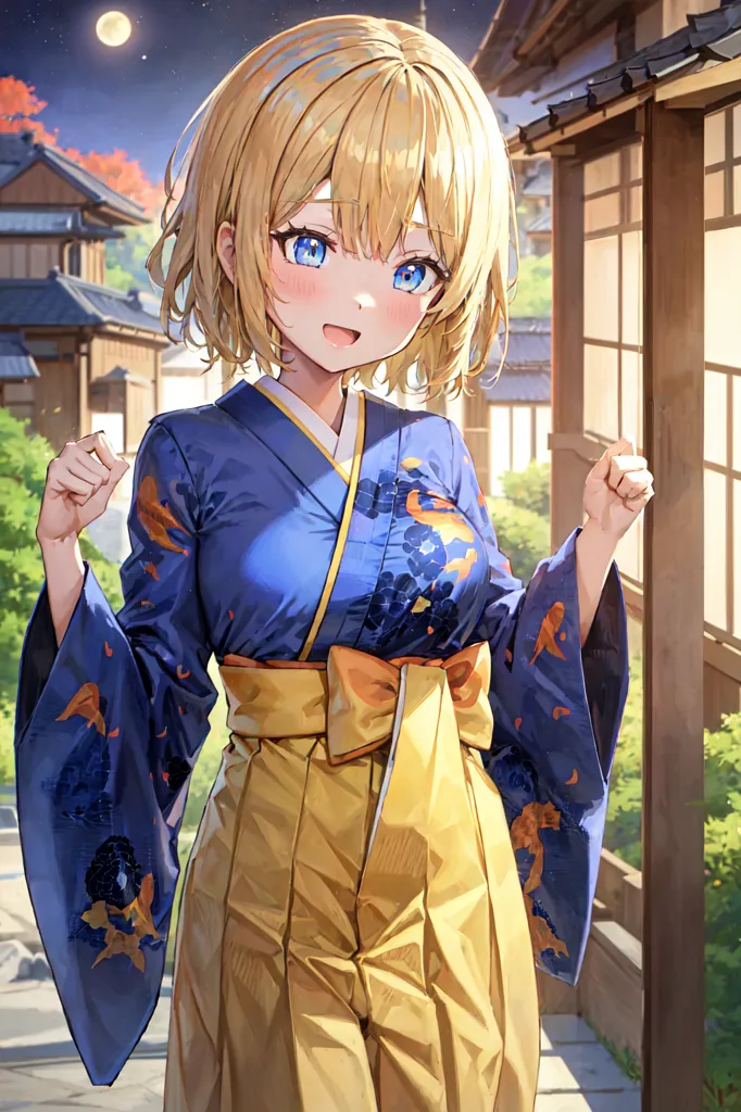 L'image représente une jeune femme, aux cheveux blonds courts et aux yeux bleus, portant un kimono japonais traditionnel. Le kimono est bleu avec des motifs floraux et est attaché avec une écharpe obi jaune. Elle se tient dans une maison japonaise traditionnelle, avec des murs en bois et des shoji, des écrans de papier. Le ciel nocturne est visible à travers la porte ouverte, avec une pleine lune et des étoiles.