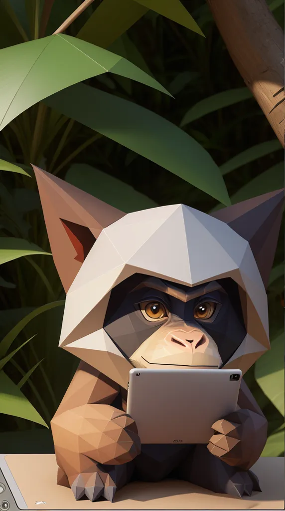 The image shows a cartoon monkey wearing a white and brown hood. The monkey is sitting on a branch in a jungle setting. The monkey is holding a tablet in its hands. The monkey has a curious expression on its face. The image is rendered in a realistic 3D style.