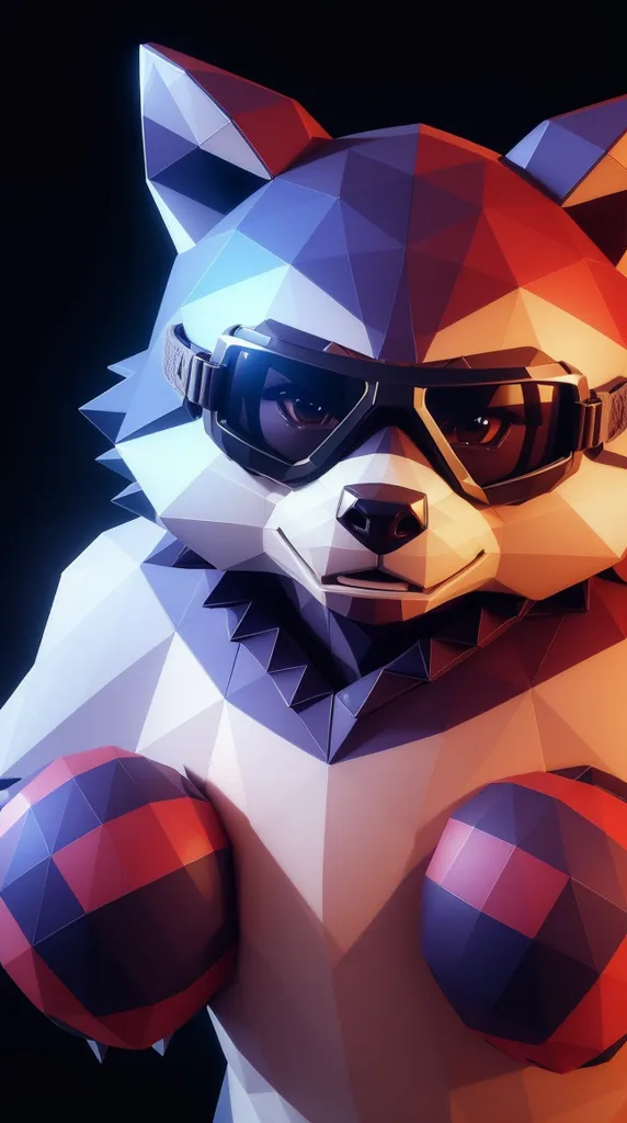 The image is a 3D rendering of a raccoon wearing boxing gloves. The raccoon is standing in a fighting stance, with its fists raised in front of its face. It is wearing a pair of goggles and has a determined expression on its face. The raccoon is made of blue, gray, and white polygons, and the background is black.