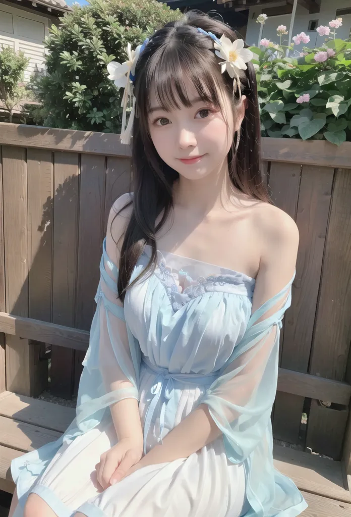 The image shows a young woman sitting on a wooden bench in an outdoor setting. She is wearing a blue strapless dress with sheer sleeves and a white camisole underneath. The dress is trimmed with white lace. She has white flowers in her hair and is wearing a delicate necklace. Her long dark hair is styled with bangs and she has a soft smile on her face. The background of the image is blurry, but it looks like there are plants and trees in the distance.