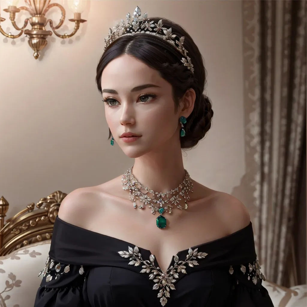 Gambar ini menunjukkan seorang wanita muda dengan rambut gelap panjang. Dia mengenakan gaun hitam off-the-shoulder dengan bordir bunga perak dan hijau. Dia juga mengenakan tiara perak, kalung, dan anting-anting dengan batu permata hijau. Wanita itu duduk di kursi emas di depan tirai hijau tua. Ada lampu gantung emas di atas kepalanya. Wanita itu menatap penonton dengan ekspresi serius.