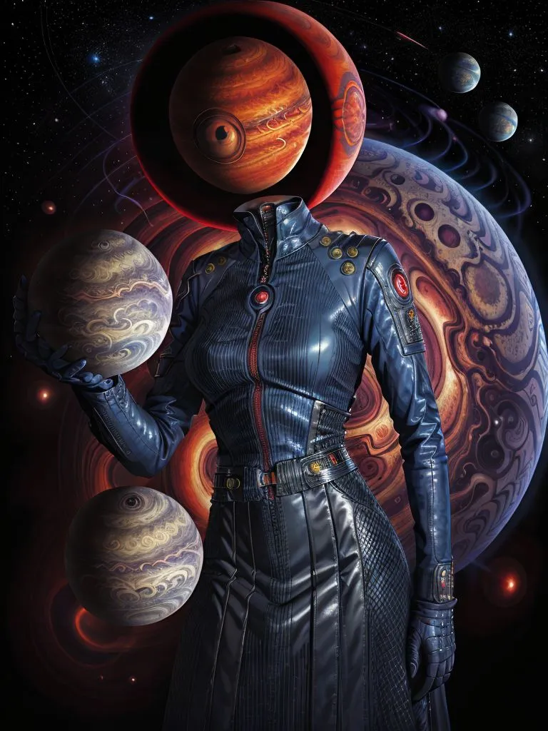 This is an image of a woman who appears to be an astronaut. She is wearing a dark blue spacesuit with a red light on her chest. She has no head, and instead, there is a planet with an eye on it. She is holding a planet in her hand, and there are several planets in the background. The planets are all different colors and sizes. The background is a dark blue starry sky.