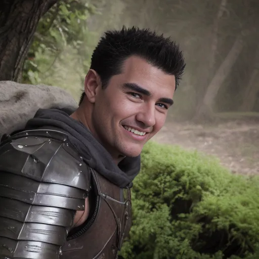 Esta imagen muestra a un hombre joven con el cabello corto y oscuro y ojos marrones. Parece ser de ascendencia indígena mesoamericana. Lleva un jubón de cuero negro con hombreras de metal y una camisa verde oscura. Tiene una sonrisa amistosa en el rostro y mira a la cámara. Está de pie en un entorno boscoso con árboles y plantas verdes al fondo.