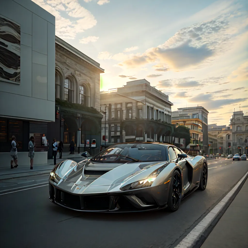 A silver sports car is driving down a city street. The car is in the foreground and is moving towards the viewer. The street is lined with buildings and there are people walking on the sidewalk. The sky is cloudy and there is a hint of sunlight peeking through the clouds. The car is sleek and stylish, with a low profile and a long hood. It has a large spoiler on the back and a set of black wheels. The car is moving at a high rate of speed and is clearly in its element.