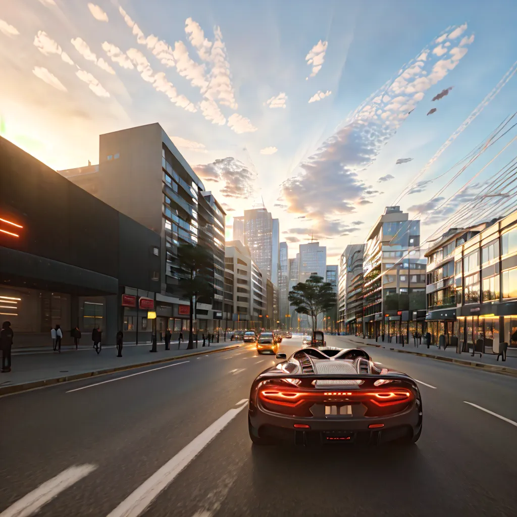 Une voiture de sport noire roule dans une rue de la ville. La voiture est au premier plan et se dirige vers le spectateur. C'est une voiture élégante et futuriste avec une lumière rouge à l'arrière. La rue est bordée de grands immeubles et il y a des gens qui marchent sur les trottoirs. Le ciel est orange et le soleil se couche.