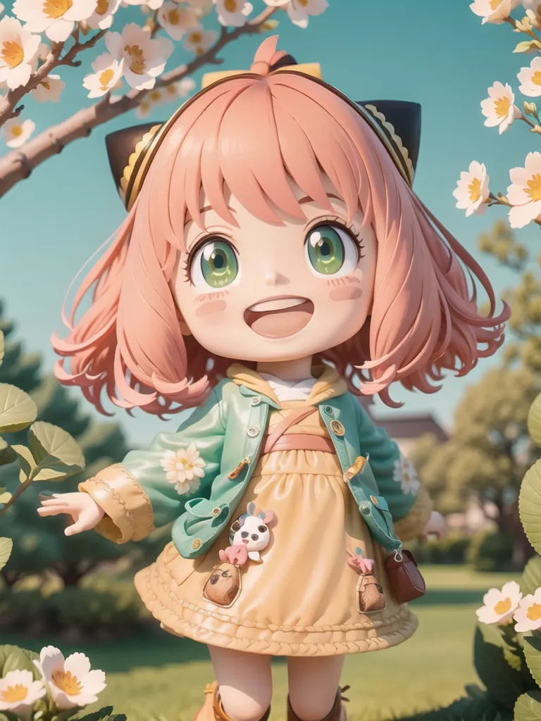 The image shows a young girl with pink hair and green eyes. She is wearing a yellow dress and a green jacket. The girl is standing in a field of flowers and has a happy expression on her face. There is a tree with white flowers in the background.