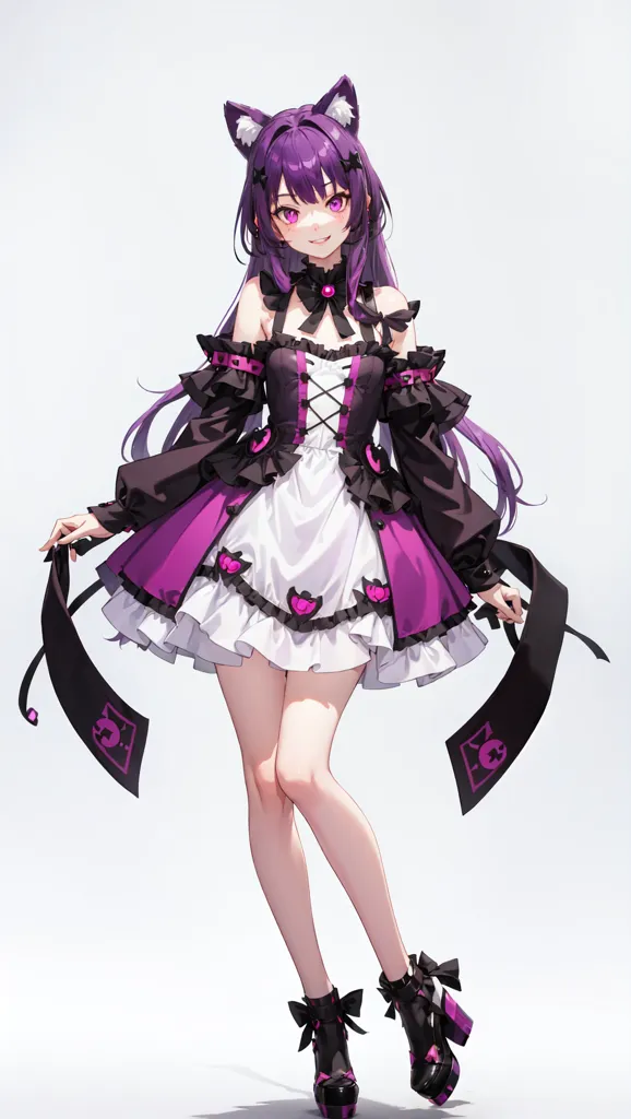 The image is of an anime girl with purple hair and cat ears. She is wearing a purple and black dress with a white apron. She is also wearing black boots and a choker. She has a skull symbol on her chest and on the ribbons in her hands.