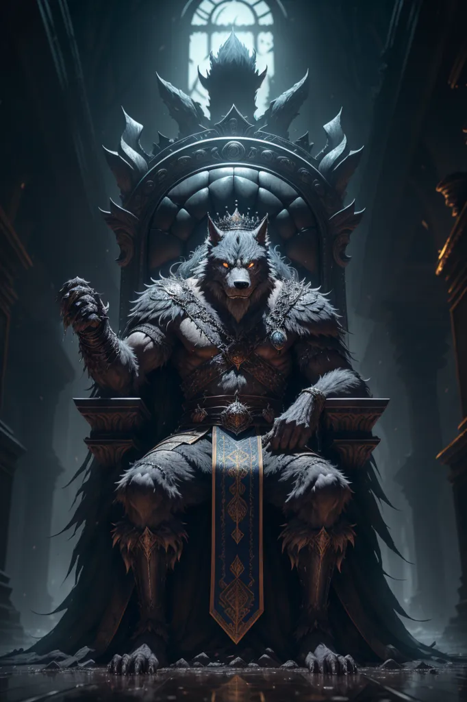 The image is a digital painting of a werewolf king sitting on a throne. The werewolf is wearing a crown and a loincloth, and his fur is black and gray. The throne is made of stone and has intricate carvings on it. The background is a dark castle, and there are two large windows on either side of the throne. The werewolf king is looking at the viewer with a fierce expression in his yellow eyes.