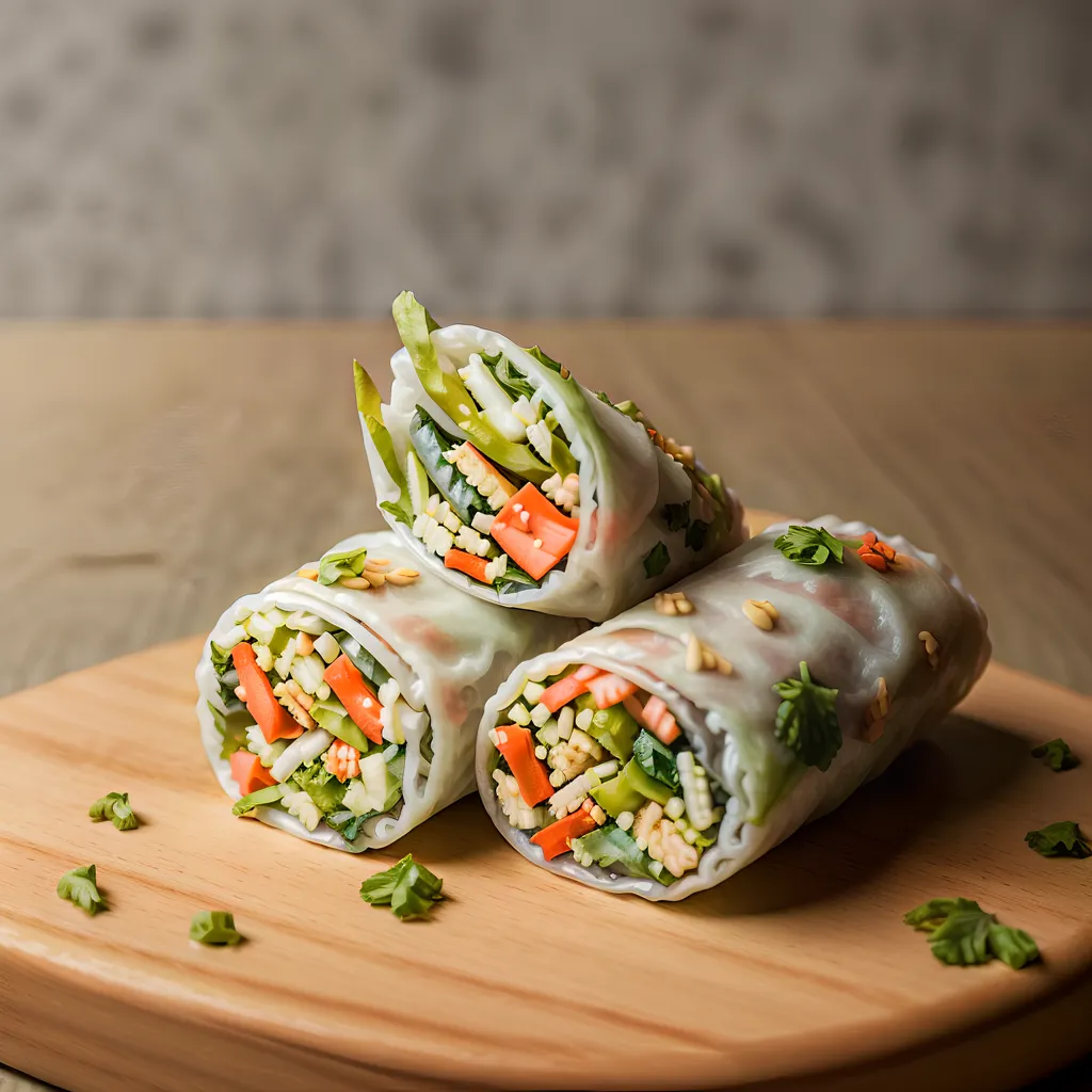 La imagen muestra tres rollos de primavera frescos en un plato de madera. Los rollos de primavera están hechos con papel de arroz blanco y rellenos de coloridas verduras. Las verduras incluyen zanahorias, pepinos, lechuga y brotes de soja. Los rollos de primavera se sirven con una salsa para mojar.