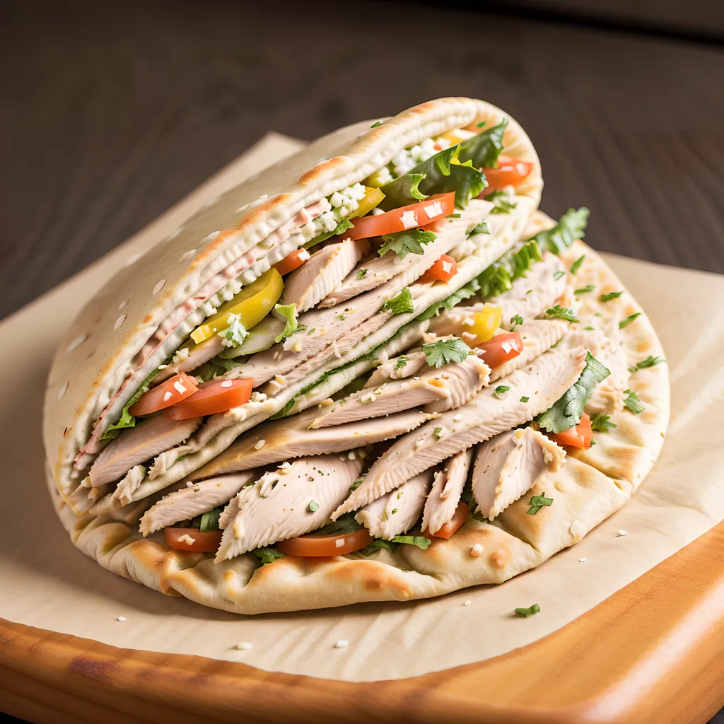 A imagem contém um sanduíche de pita cortado ao meio. As metades estão empilhadas uma sobre a outra. O sanduíche é recheado com frango, tomates, pepinos, cebolas e alface. O pão de pita está torrado e tem sementes de gergelim. O sanduíche é servido em uma tábua de cortar de madeira.