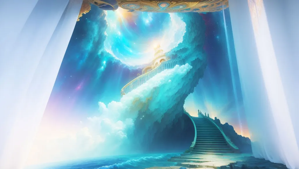 The image is of a stairway leading up to a large, ornate structure in the sky. The structure is surrounded by clouds and appears to be made of gold and silver. There is a large body of water at the bottom of the stairs, and a few clouds in the foreground. The sky is a gradient of blue and purple, and there are stars and galaxies in the background.