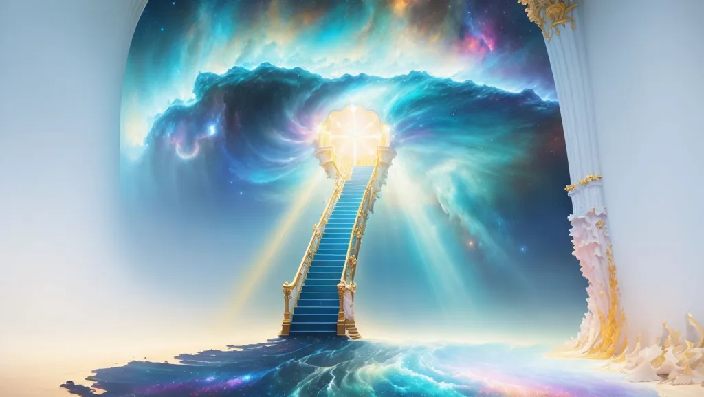 The image is of a staircase leading up to a bright light. The staircase is flanked by two large columns. The floor is made of water. The walls are made of clouds. The ceiling is made of stars.