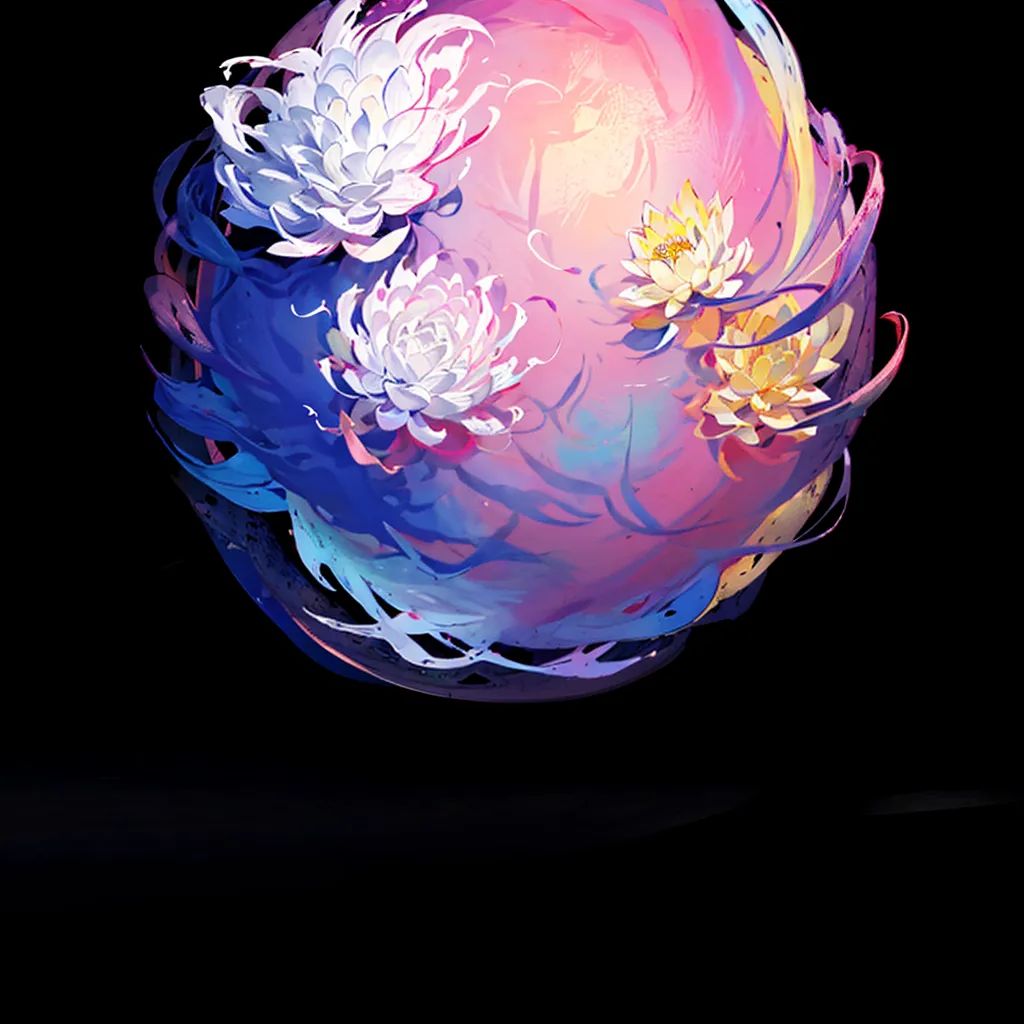 The image is a sphere made of colorful clouds with white and yellow flowers. The sphere is set against a black background and has a glowing light on the top.