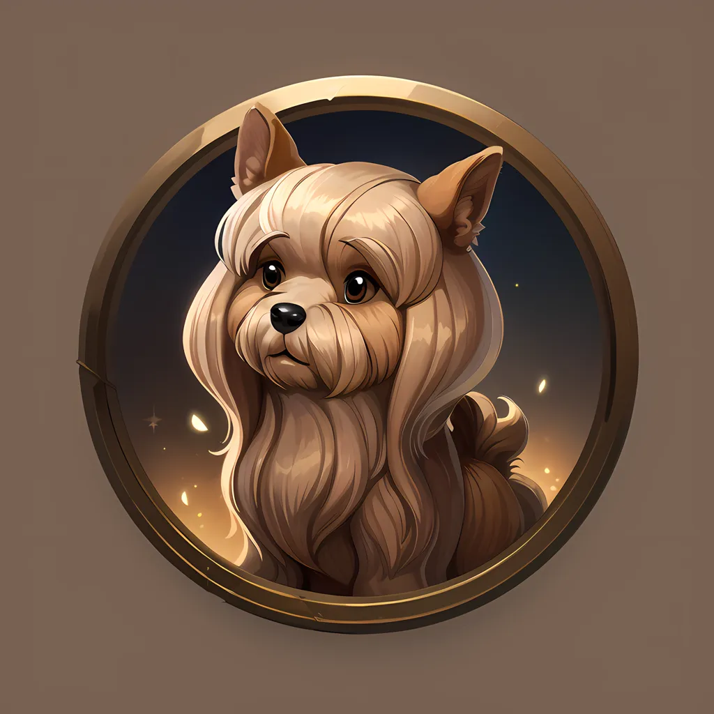 The image shows a cute cartoon dog with long brown hair. The dog has big brown eyes and a black nose. It is wearing a gold necklace with a heart-shaped pendant. The dog is sitting in a circle with a gold border. The background is a gradient of brown and yellow.