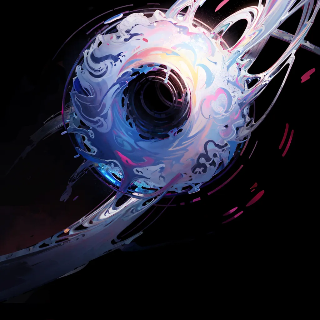 The image is a sphere with a hole in the center. The sphere is made of a blue and white liquid that is swirled around. The liquid is also glowing. There is a black hole in the center of the sphere. The sphere is surrounded by a dark background with pink and purple streaks.