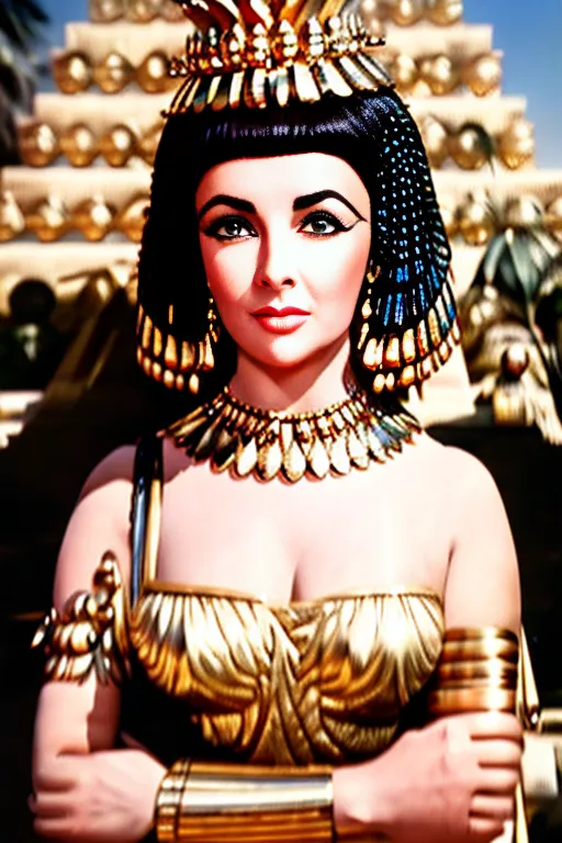 This is an image of Elizabeth Taylor, an English actress, in the 1963 epic film Cleopatra. She is wearing an elaborate headdress and a gold-colored dress with a plunging neckline. She is also wearing heavy makeup and jewelry. The image is a close-up of her face, and she is looking at the camera with a serious expression.