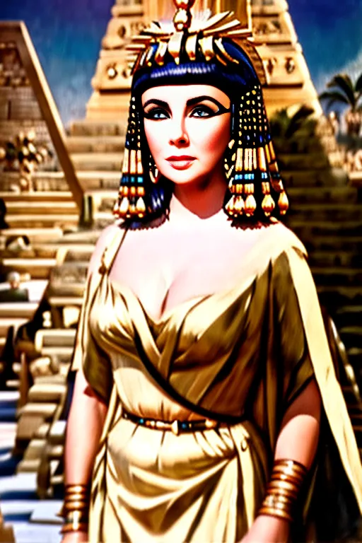 Ini adalah gambar Elizabeth Taylor dalam film Cleopatra. Dia mengenakan hiasan kepala bergaya Mesir yang rumit berwarna emas dan biru, serta gaun emas dengan selendang biru. Dia juga mengenakan riasan dan perhiasan yang tebal. Dia berdiri di depan tangga yang mengarah ke sebuah bangunan besar. Ada pohon palem dan tanaman hijau lainnya di latar belakang.