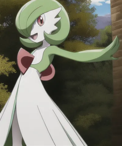 The image shows a Gardevoir, a bipedal, humanoid Pokémon. It has a slender figure with a white body and light green hair. It has red eyes and a small, pointed nose. It is wearing a white dress with a pink bow on its chest. It is standing in a forest, with one arm outstretched