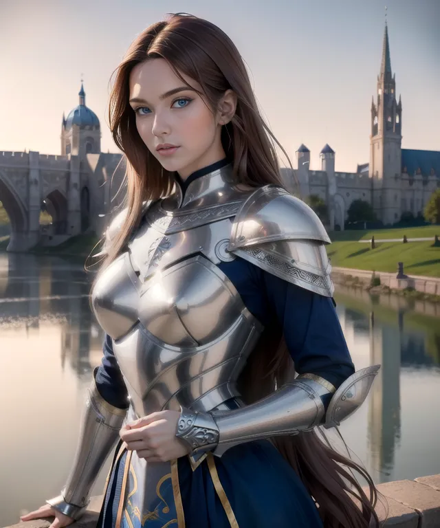 This is an image of a woman in medieval armor. She is standing on a bridge with a castle in the background. The woman is wearing a silver breastplate, a blue skirt, and silver gauntlets. She has long brown hair and blue eyes. She is holding her helmet in her right hand.