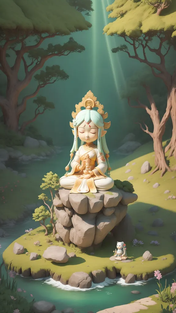 The image is a depiction of a serene forest with a small, rocky hill in the foreground. Atop the hill sits a statue of a woman with green hair and fair skin. She is wearing a white robe and has her eyes closed in meditation. The woman is surrounded by lush green trees and a small stream flows past the base of the hill. In the background, there is a large, glowing moon. The overall atmosphere of the image is one of peace and tranquility.