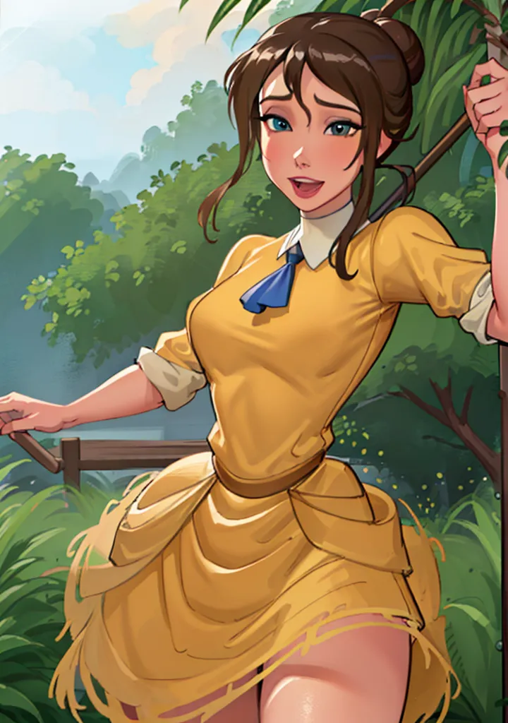 The picture shows a young woman, with a friendly smile on her face, wearing a yellow dress with a blue ribbon around her neck. She is standing in a lush green jungle, holding a long stick in her hands. She has brown hair tied in a bun and blue eyes. She is looking at the viewer.