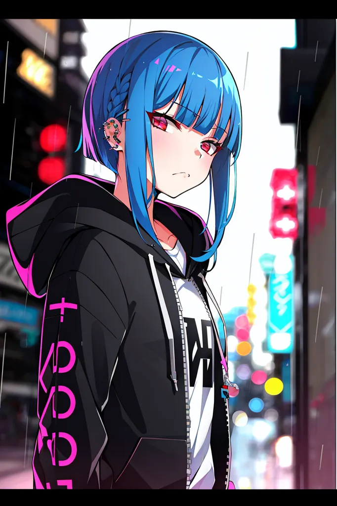 The image is of a young woman with blue hair and red eyes. She is wearing a black hoodie with a white t-shirt underneath. The hoodie has a pink and purple design on the front. The woman is standing in a city street with a blurred background. It looks like it is raining.