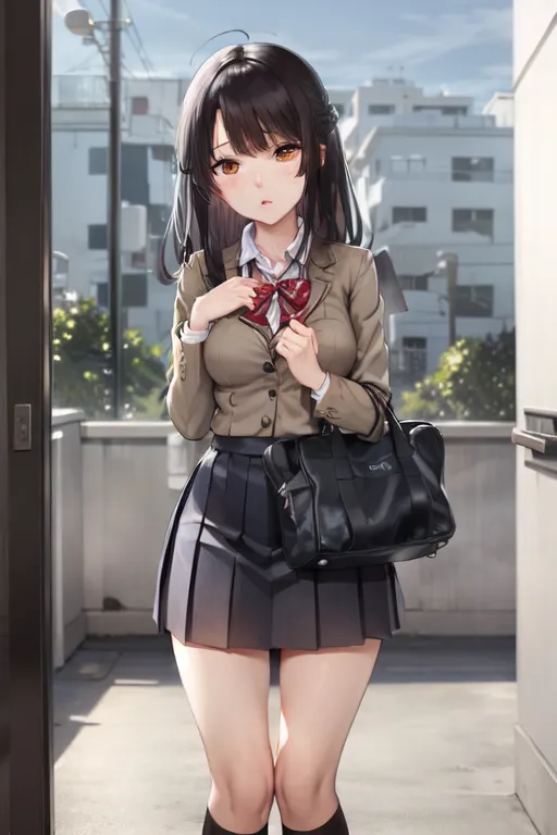 The image depicts a young girl with long dark hair and brown eyes. She is wearing a brown blazer, a white blouse, a gray pleated skirt, and black socks. She is carrying a black bag and has a red bow in her hair. She is standing in a doorway, looking at the viewer with a shy expression.