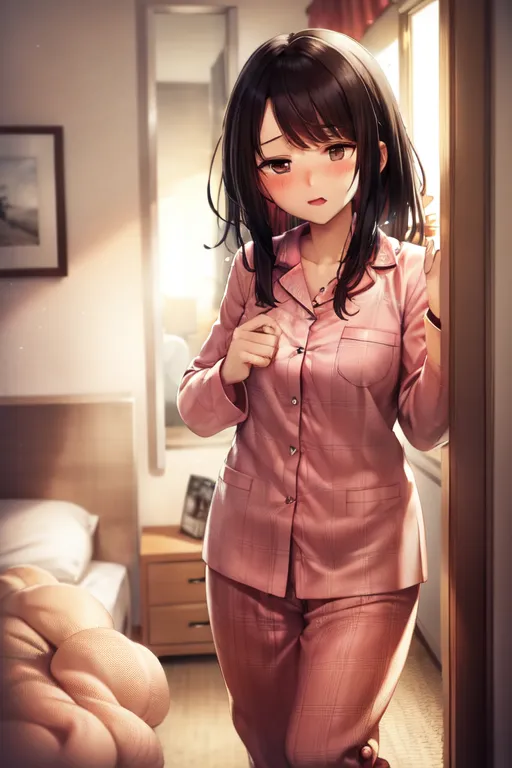 The image shows a young woman standing in a doorway. She is wearing a pink pajamas. The woman has long dark brown hair and brown eyes. She is looking at the viewer with a shy expression. The room behind her is a bedroom. There is a bed, a dresser, and a nightstand in the room. The bed is unmade and there are clothes on the floor. The image is drawn in a realistic style. The colors are soft and muted. The lighting is dim and atmospheric. The image has a warm and inviting feeling.