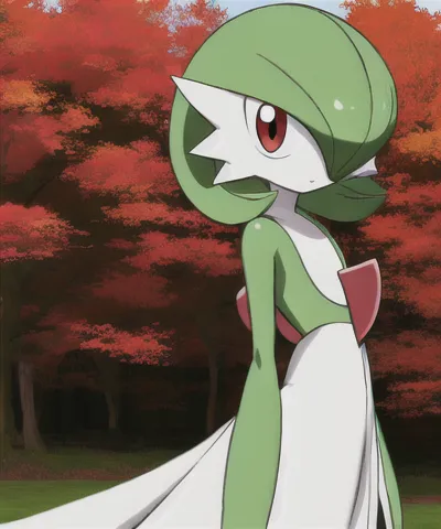 A imagem mostra uma Gardevoir, um Pokémon bípede e humanóide com um vestido longo e fluido. Ela tem cabelos verdes e olhos vermelhos, e está em pé em uma floresta com árvores vermelhas.