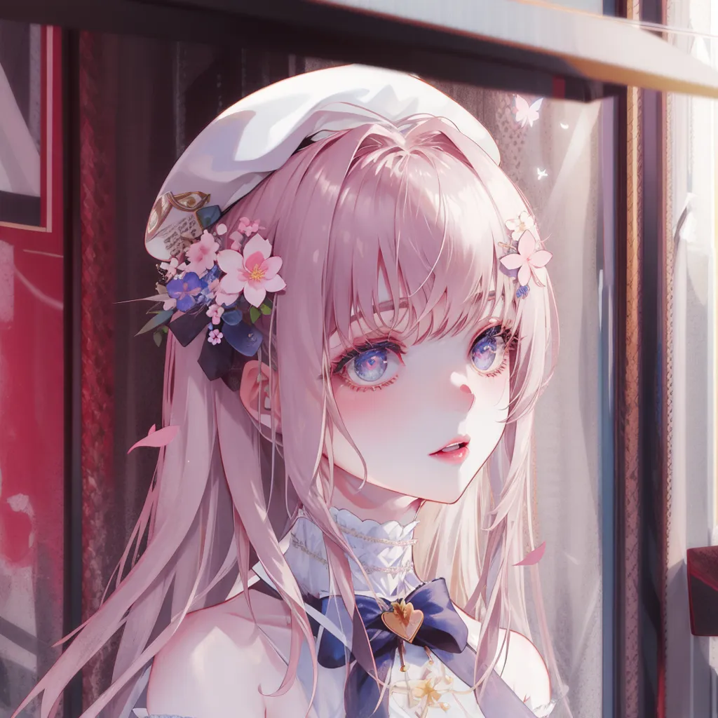 The image is a painting of a young girl with pink hair and blue eyes. She is wearing a white beret with a pink flower on it. There are also some small flowers in her hair. She is wearing a white dress with a blue ribbon around her neck. She is standing in front of a window. The background is blurry, but it looks like there are some trees outside. The girl is looking at the viewer with a gentle smile on her face.