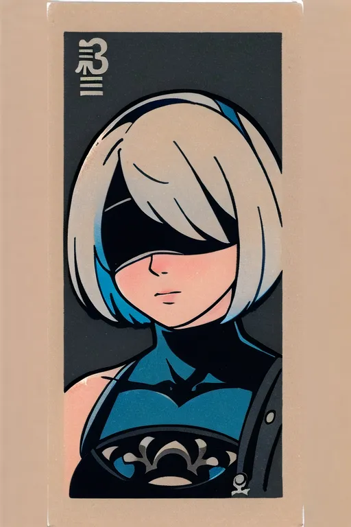 The image is a portrait of a young woman with short white hair and blue eyes. She is wearing a black dress with a white collar and a blue scarf. The background is a dark blue color. The image is drawn in a cartoon style, and the colors are bright and vibrant. The woman's expression is serious and determined.