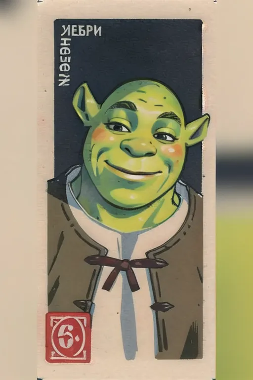 The image is a portrait of Shrek, a fictional ogre character from the animated film series of the same name. He is depicted as a large, green, humanoid with a pot belly, and has a friendly expression on his face. He is wearing a brown vest and a white shirt with a red ribbon at the collar. The background is a dark green color, and the image is bordered by a light brown frame with the text "ШРЕК" (Shrek) written in Cyrillic letters at the top and "5" written in a red circle at the bottom right cor
