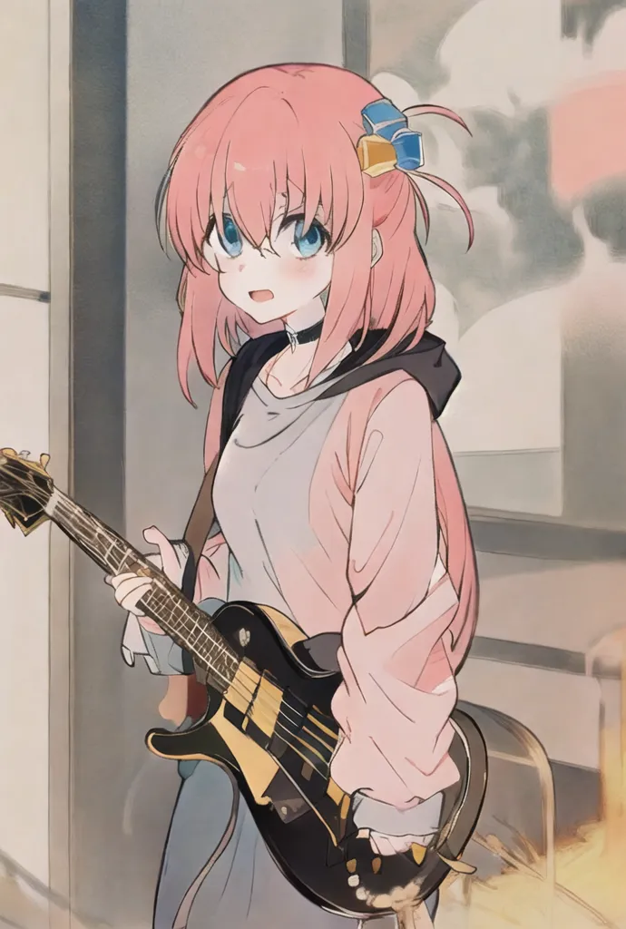 The image shows a young woman with pink hair and blue eyes. She is wearing a white shirt, a pink jacket, and a blue bow in her hair. She is playing a black bass guitar. She has a surprised expression on her face. The background is a blur of light and dark colors.