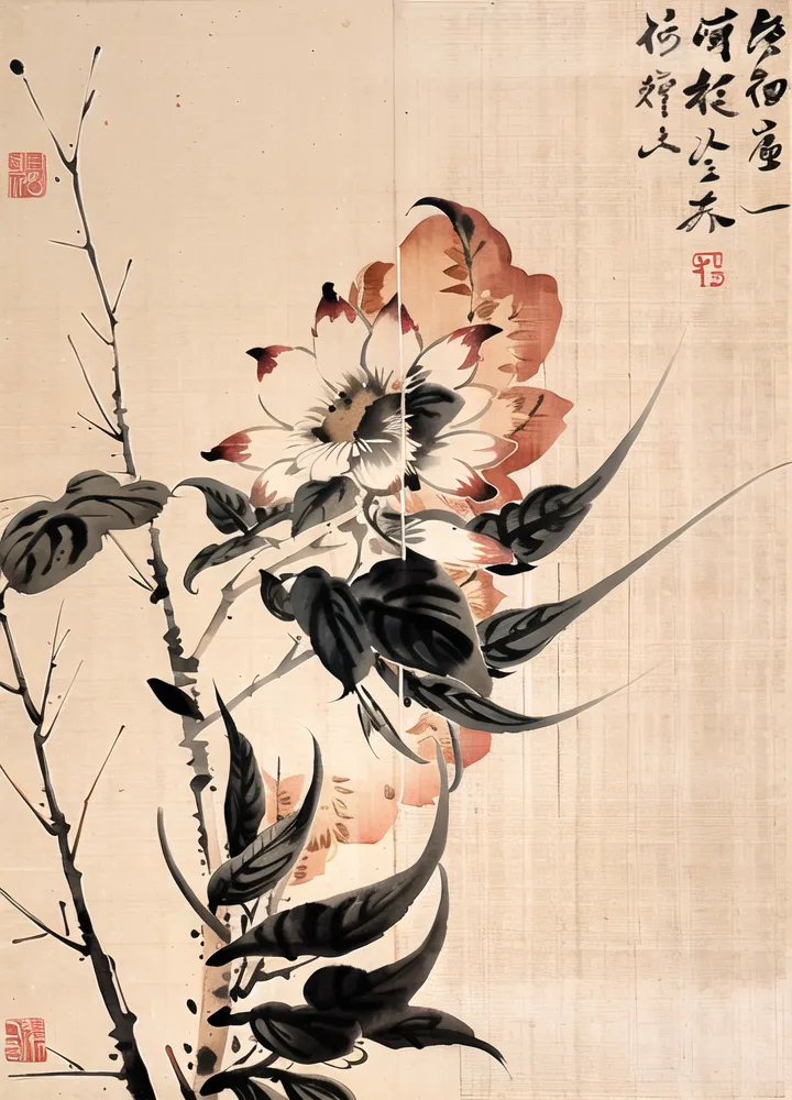 A imagem é uma pintura japonesa de uma flor de hibisco. A flor é retratada em um estilo realista, com suas pétalas completamente abertas e suas folhas de uma cor verde escura. A flor está definida contra um fundo de seda amarelo pálido, o que ajuda a destacar sua beleza. A pintura é assinada pelo artista, que usou uma combinação de caracteres chineses e japoneses para criar uma obra de arte única e visualmente atraente.