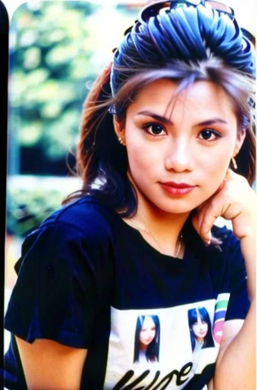 The image shows a young woman with long dark hair. She is wearing a black t-shirt with a picture of herself on it. She is looking at the camera with a slight smile on her face. She has her hand on her chin.