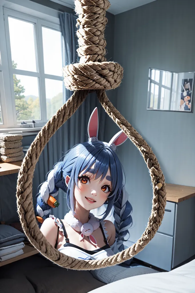 The image is a photo of a young woman with blue hair and rabbit ears. She is wearing a white dress with a black bow. She is standing in a room with white walls and a large window. There is a noose hanging from the ceiling. The woman is smiling and has her eyes closed.