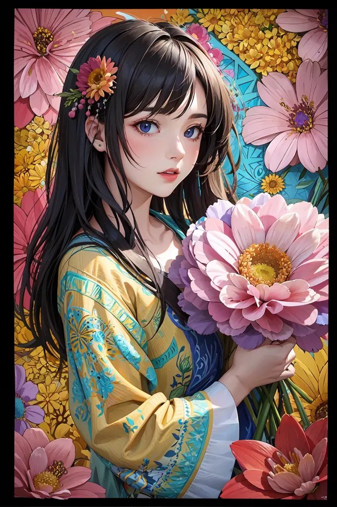 La imagen muestra a una hermosa mujer joven con cabello negro largo y ojos azules. Lleva puesto un kimono amarillo y azul con patrones florales. La mujer está de pie en un campo de flores y sostiene una gran peonía rosa. El fondo es un desenfoque de flores amarillas y rosas.