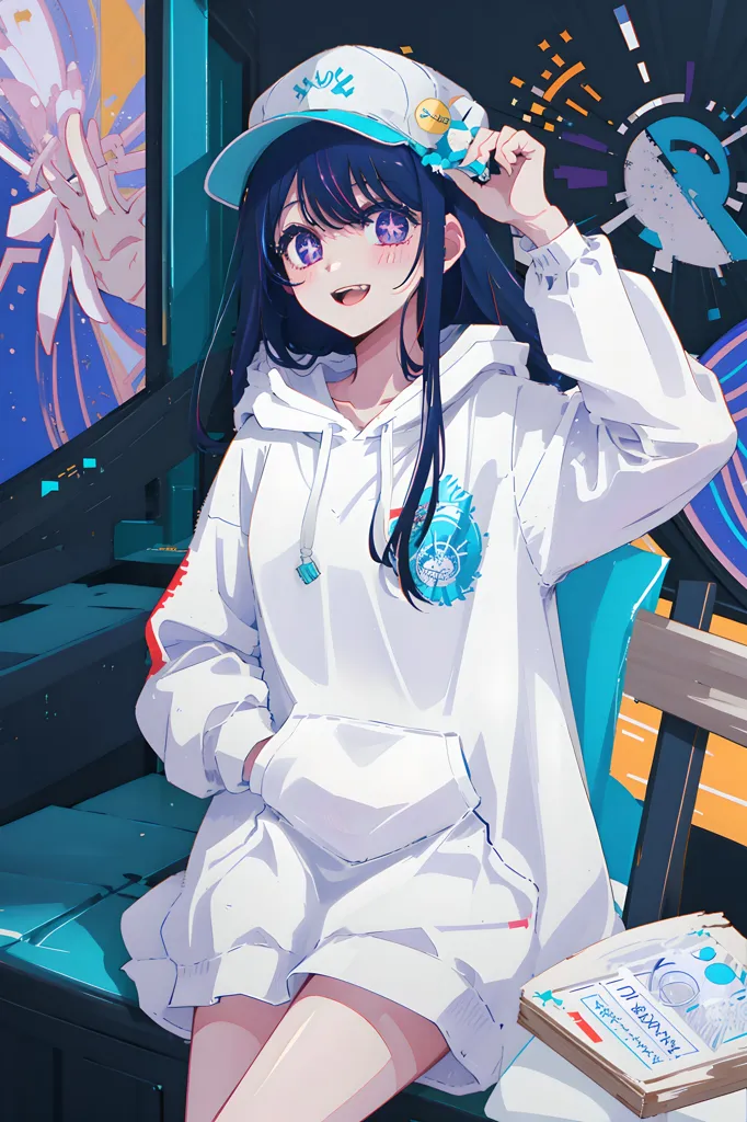 The image is of a young woman with long blue hair and purple eyes. She is wearing a white hoodie with a blue and red design on the sleeves and a blue hat with a white brim. She is sitting in a chair with her legs crossed and has a book open on her lap. She is smiling and has one hand holding her hat and the other in her hoodie pocket. The background is of a city with a large screen showing a picture of the woman.