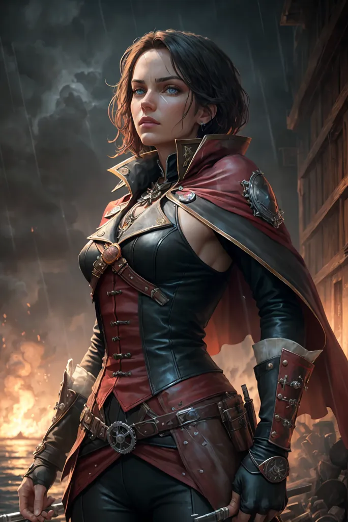 Esta é uma imagem de uma pirata feminina. Ela está usando um traje preto e vermelho e tem uma espada na mão. Ela está em pé em frente a um prédio em chamas. O fundo é escuro e tempestuoso.