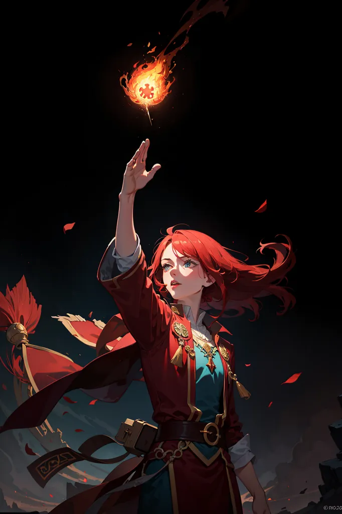 This is an image of a redheaded woman in a red and blue outfit. She is holding her hand out with a flame above it. She is looking at the flame with a serious expression on her face. She is wearing a brown belt with a gold buckle and has brown boots on. There is a red cloth flowing from her right arm.