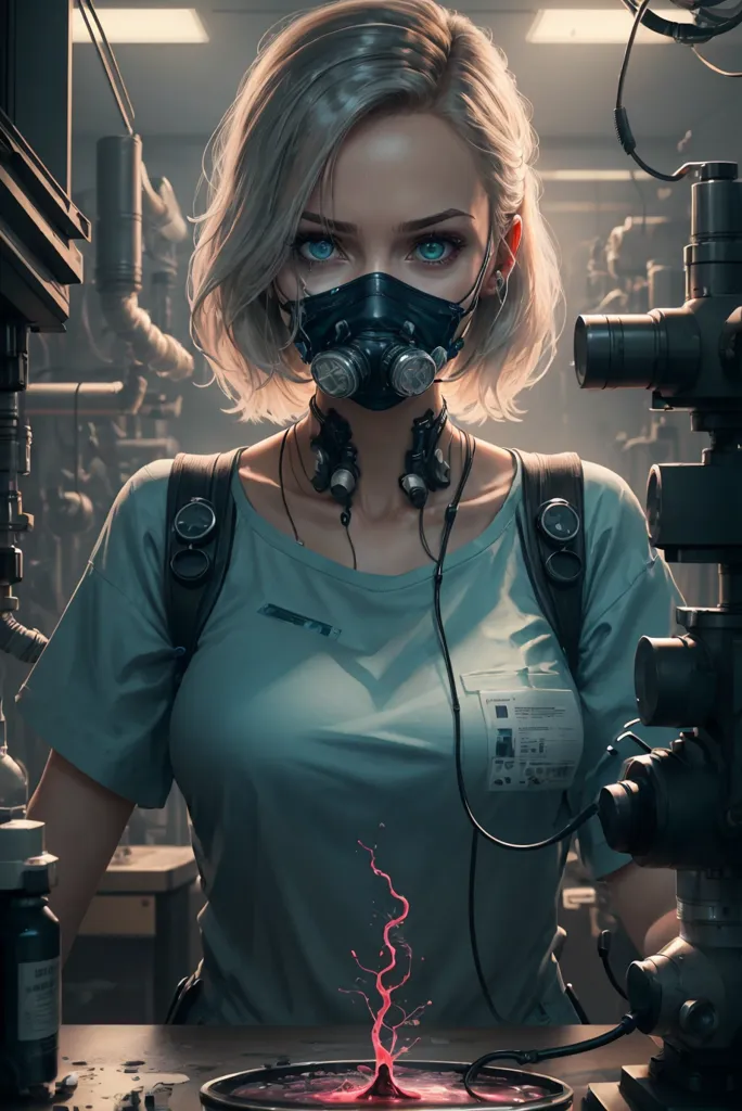 This is an image of a woman wearing a gas mask and standing in front of a machine. She is wearing a white shirt and there are tubes and wires all around her. The woman has short blonde hair and blue eyes. She is looking at the camera with a serious expression.